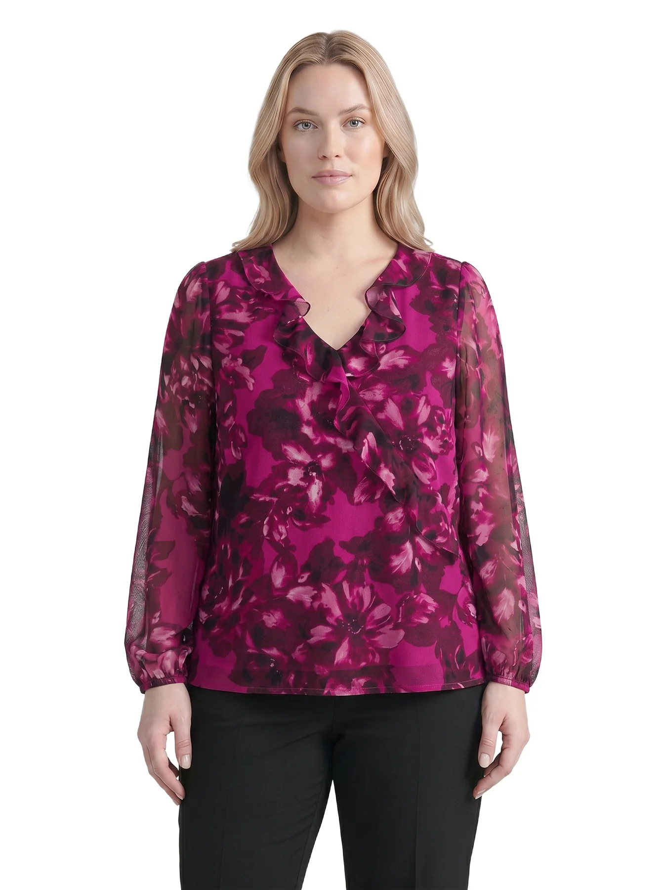 Plus Faux Wrap Ruffle Blouse
