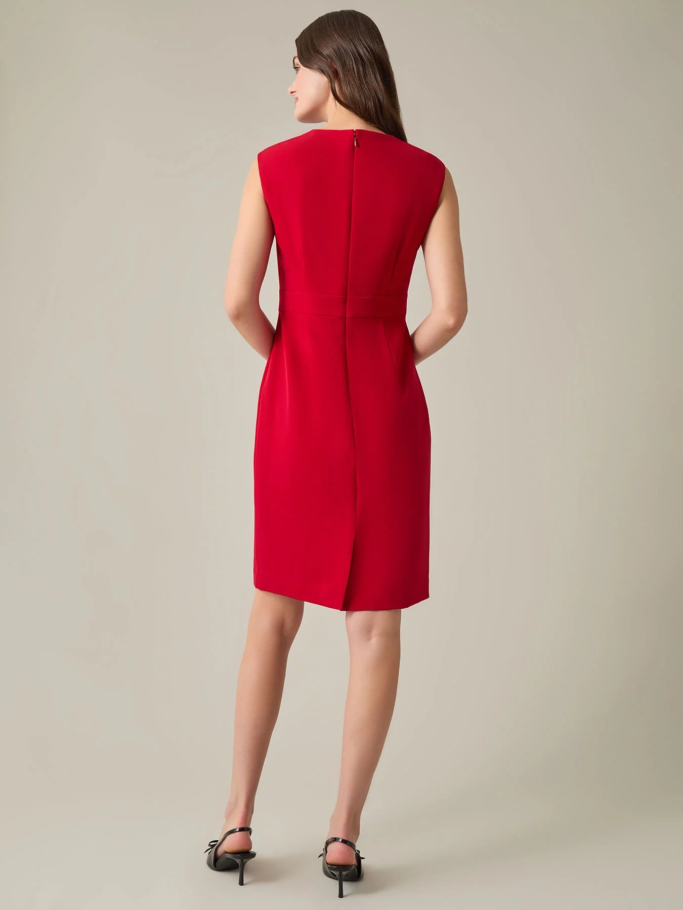 Jewel Neck Waistband Sheath Dress, Stretch Crepe - Image 3