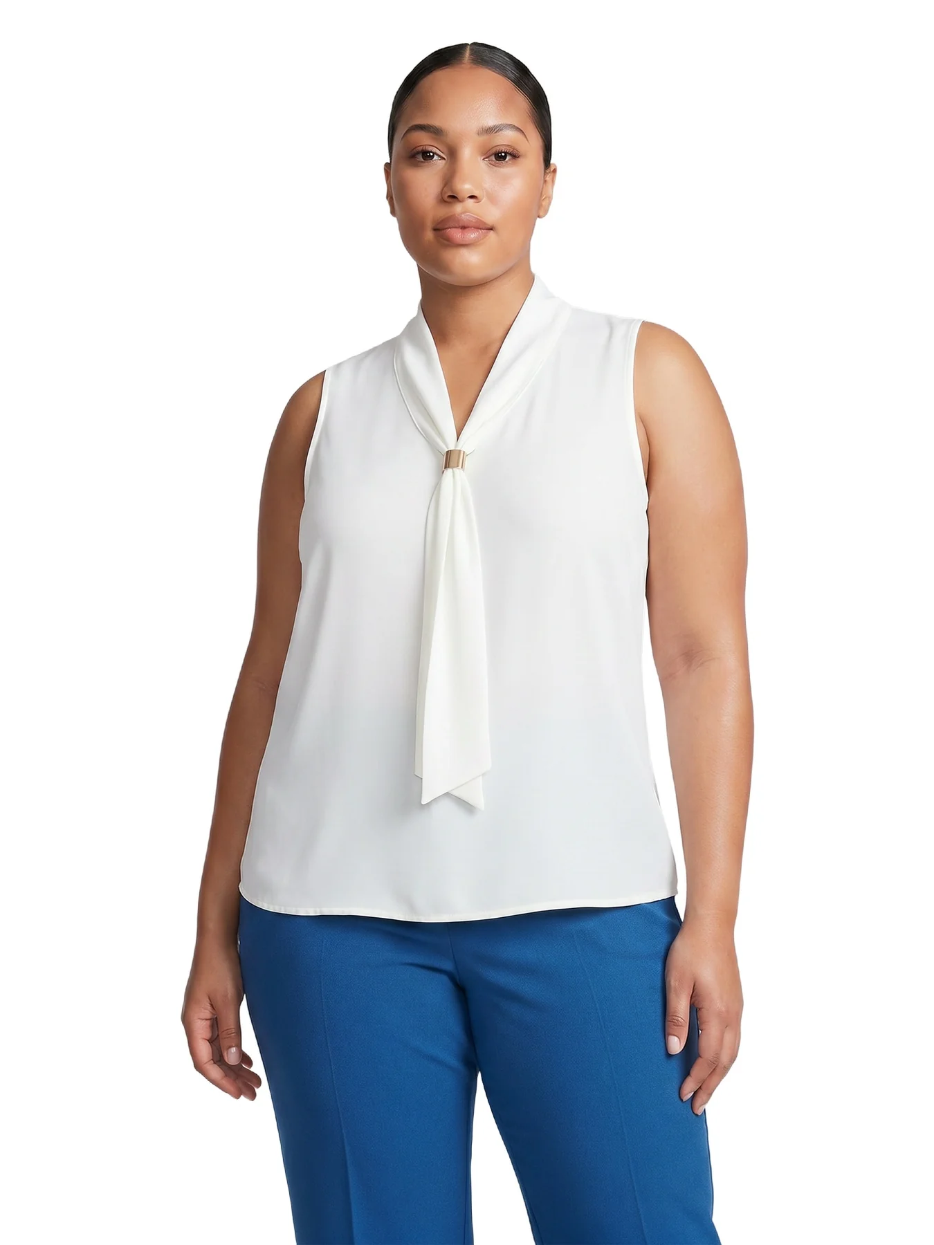 Plus Neck Tie Sleeveless Top, Everyday Knit