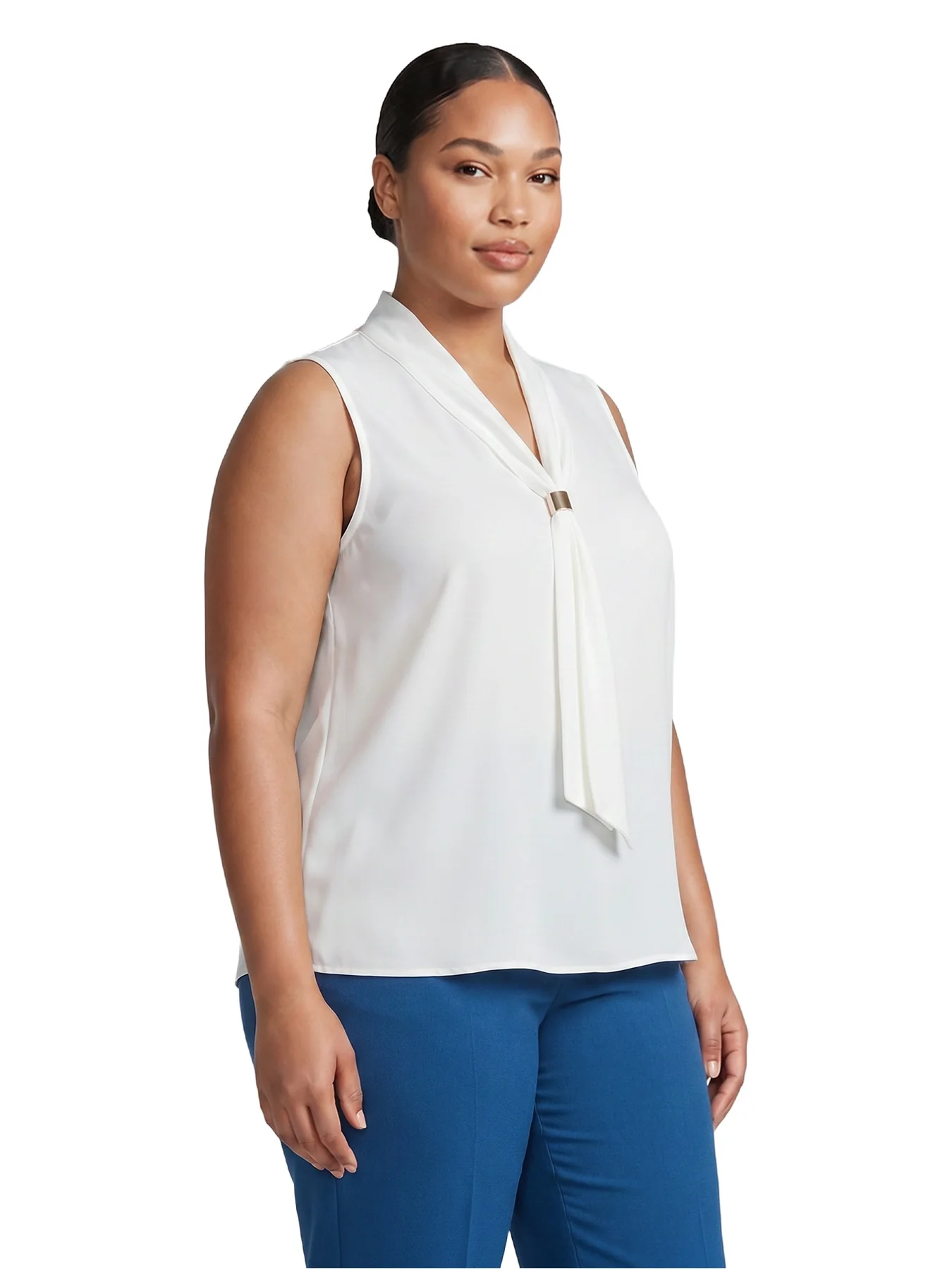 Plus Neck Tie Sleeveless Top, Everyday Knit - Image 3