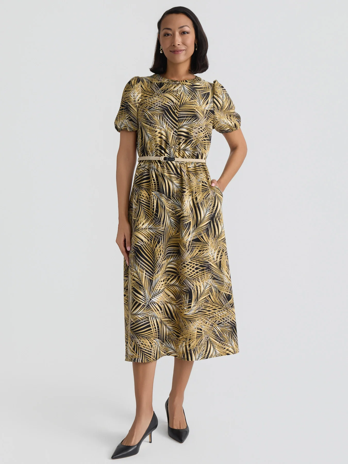 Palm Print Belted Shirt Dress