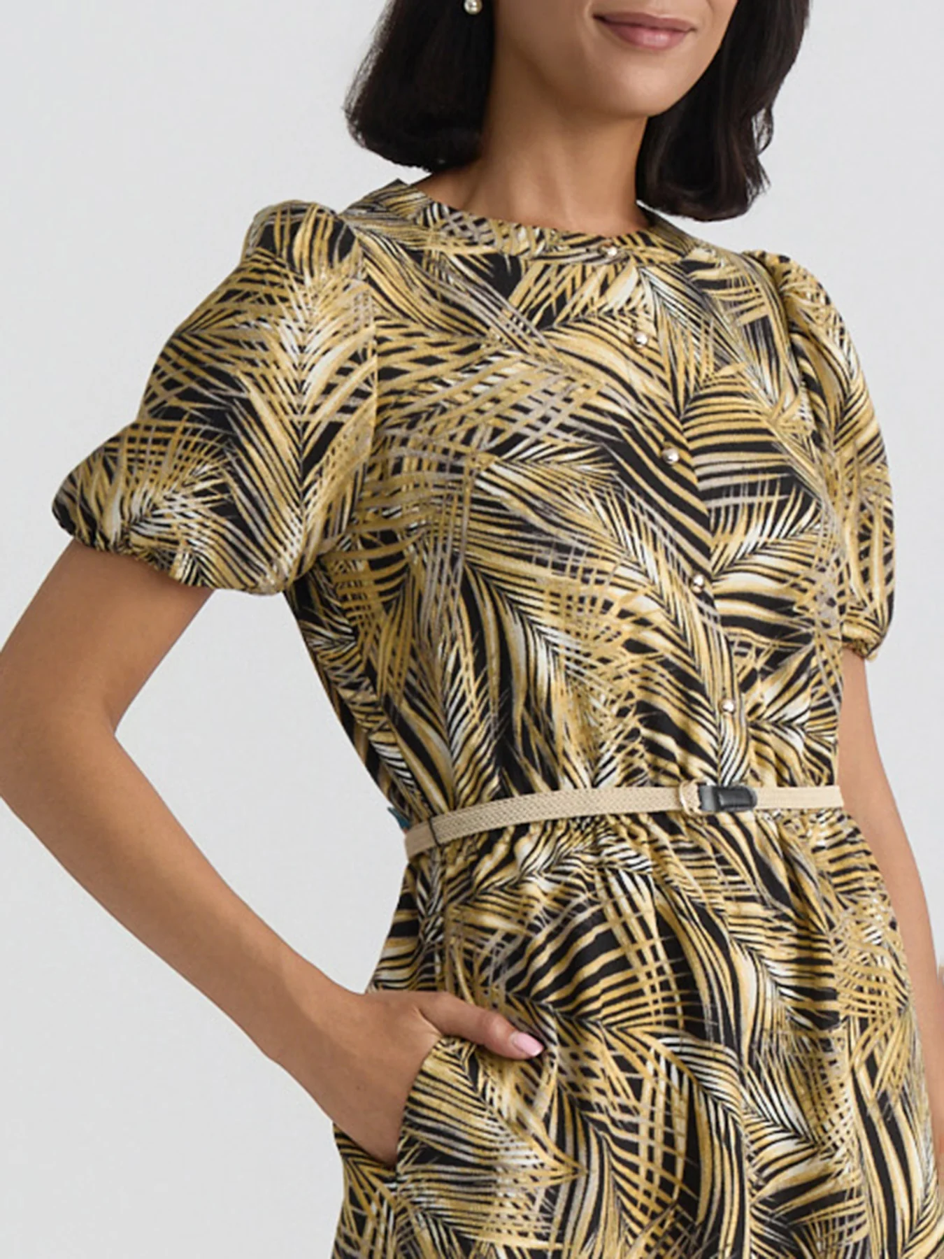Palm Print Belted Shirt Dress - Image 4