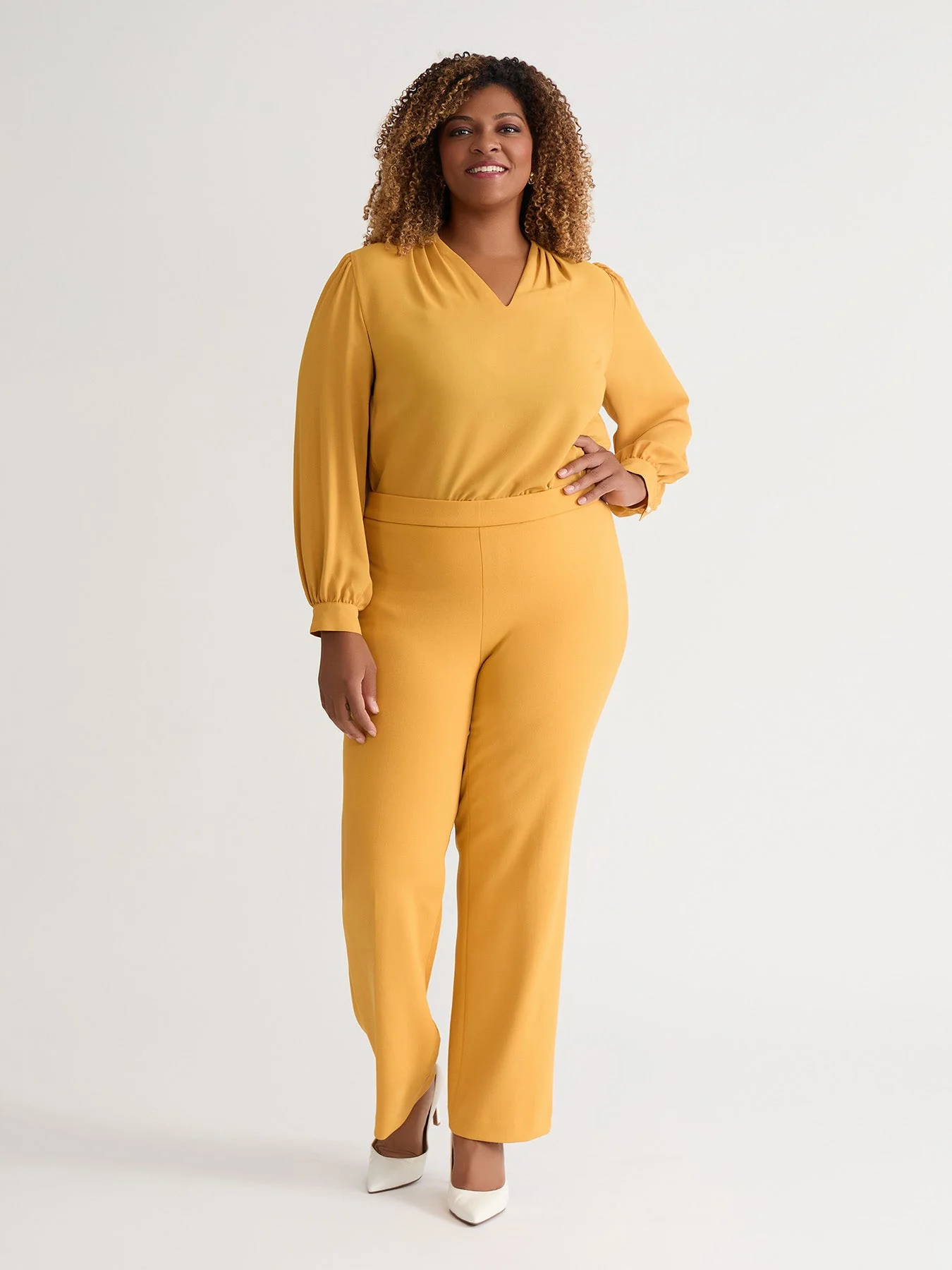 Plus Ruffle Sleeve V-Neck Blouse, Gold Signature - Image 6
