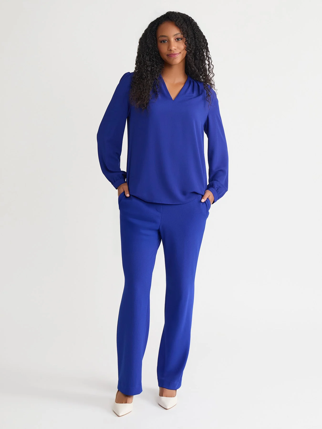 Plus Ruffle Sleeve V-Neck Blouse, Royal Signature - Image 5