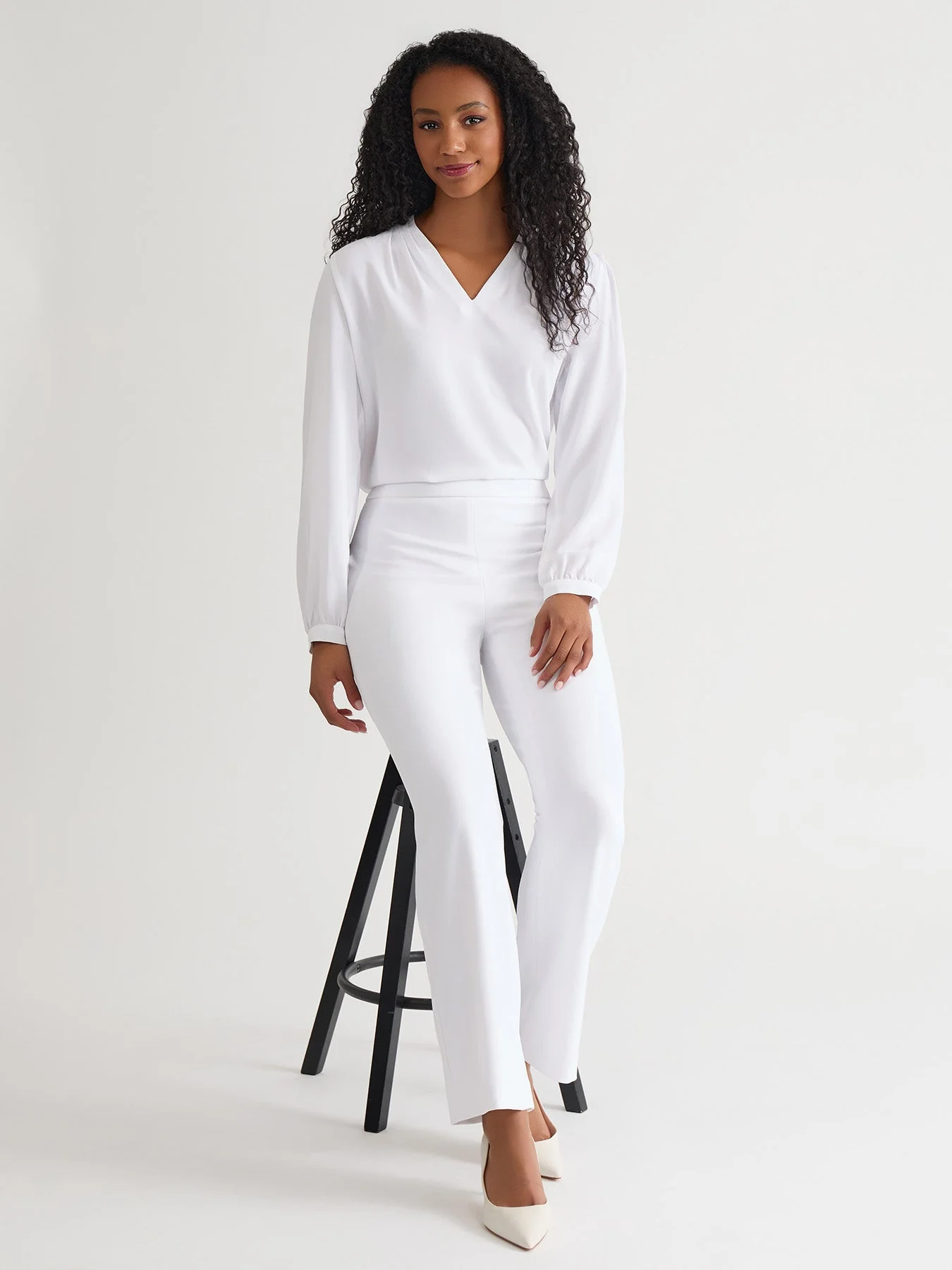 Plus Ruffle Sleeve V-Neck Blouse, White - Image 6