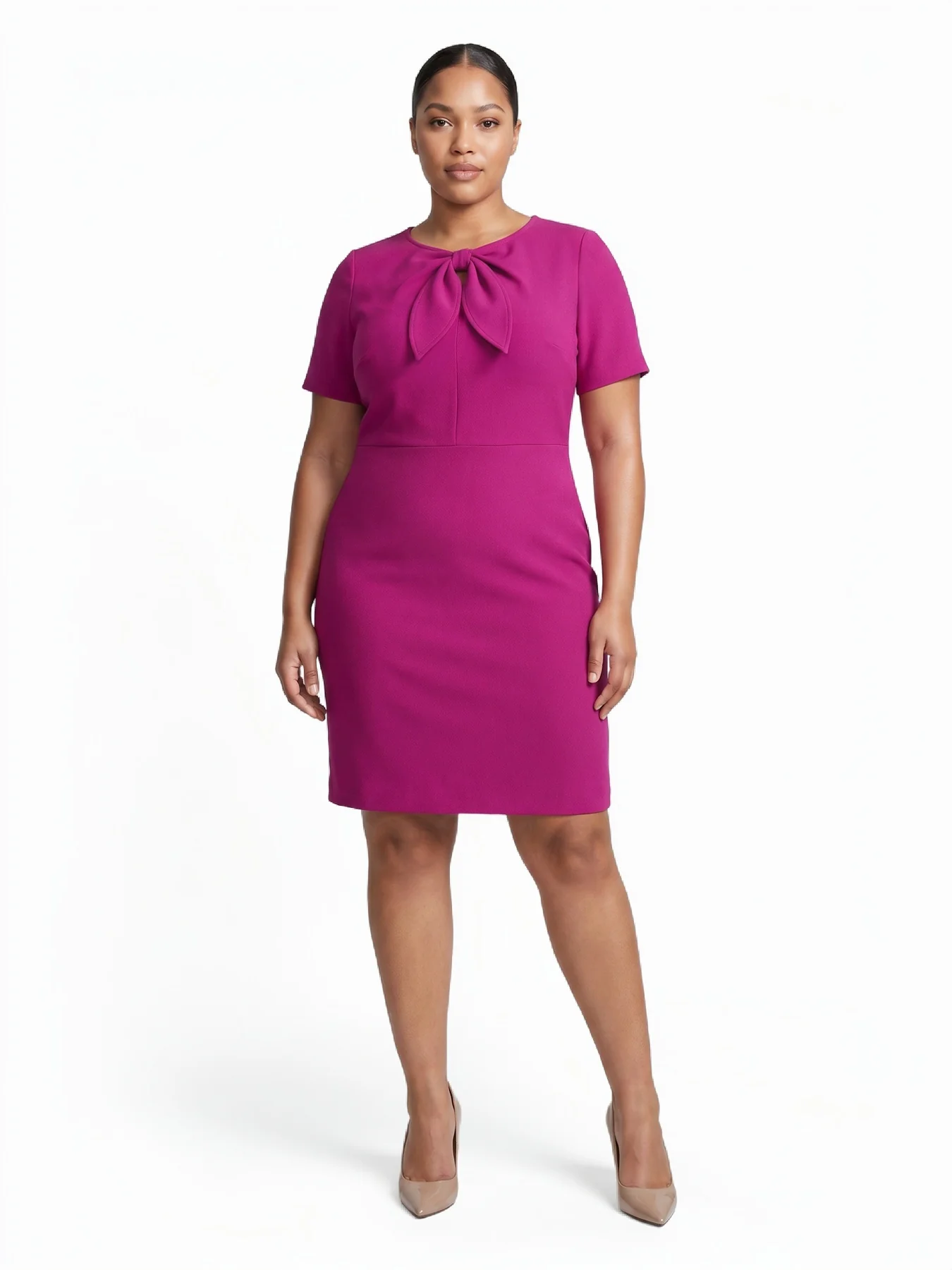 Plus Tie Neck Sheath Dress, Stretch Crepe