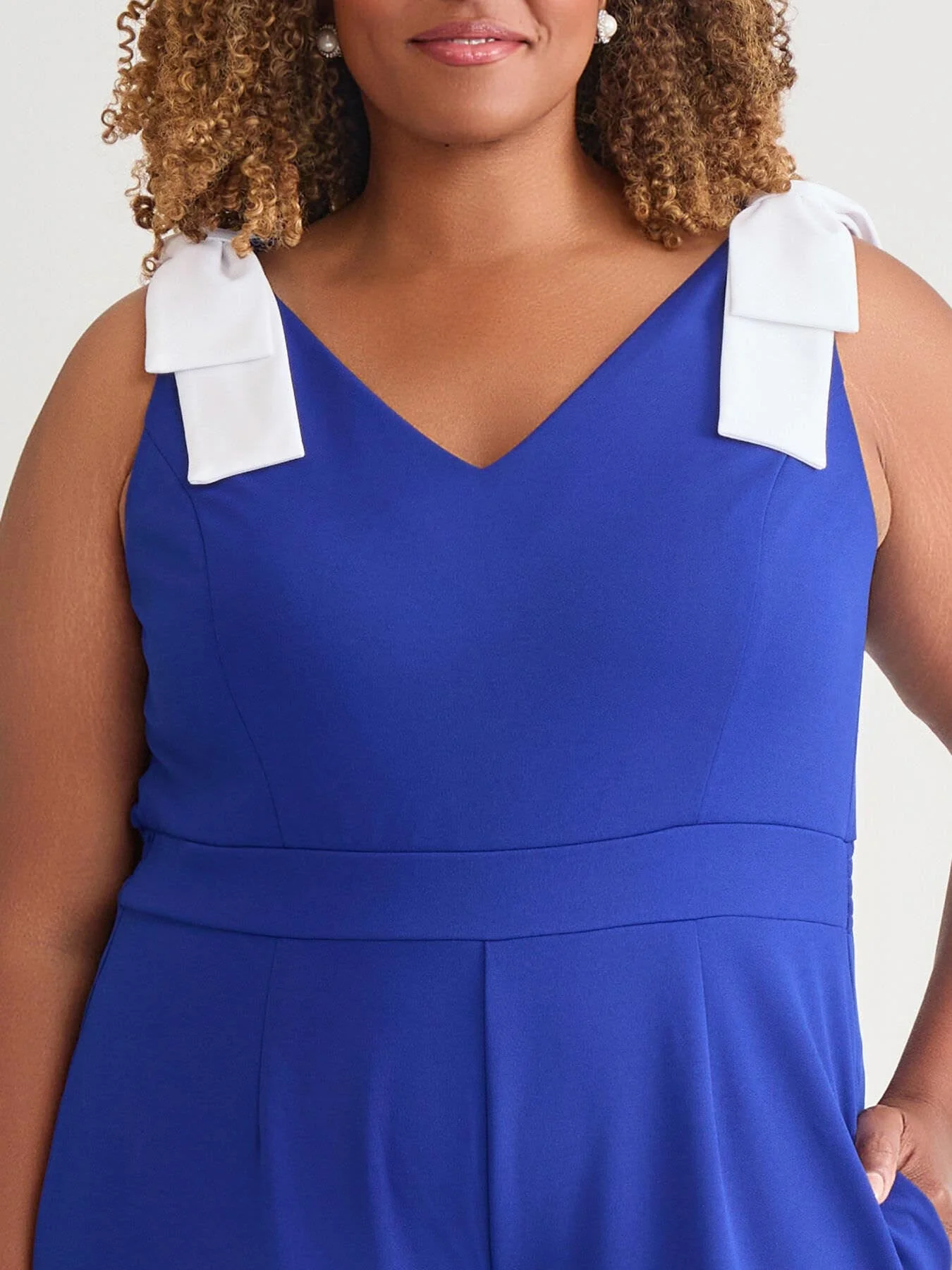 Plus Tie Strap Jumpsuit, Royal Signature/White - Image 3