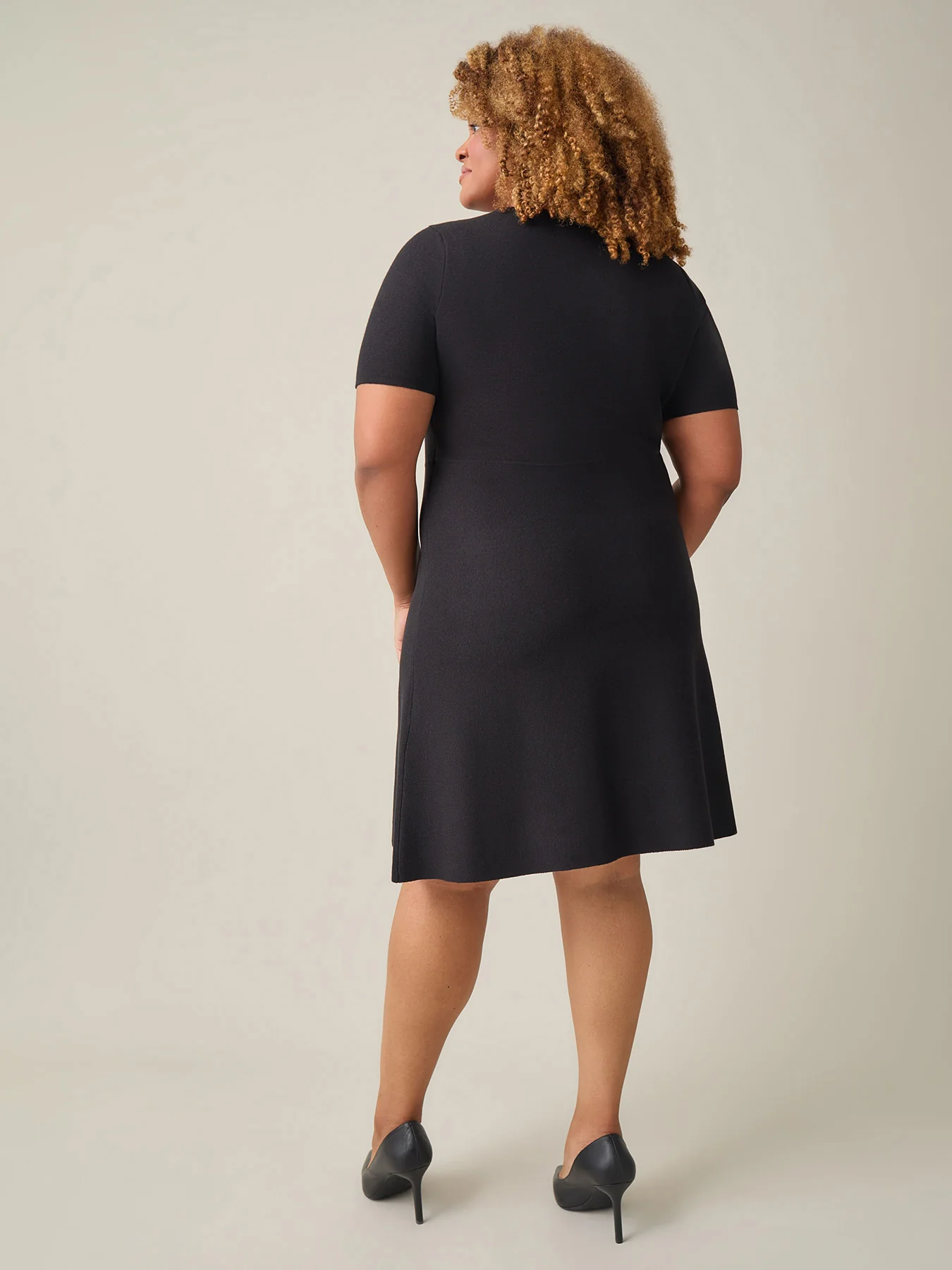 Quarter Sleeve Crew Neck Dress, Black - Image 3