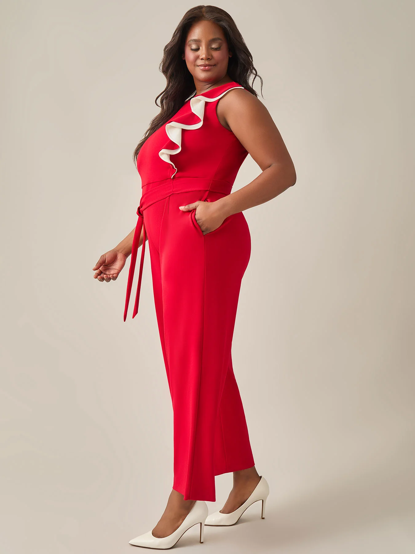 Ruffle Shoulder Jumpsuit, Crimson - Image 3