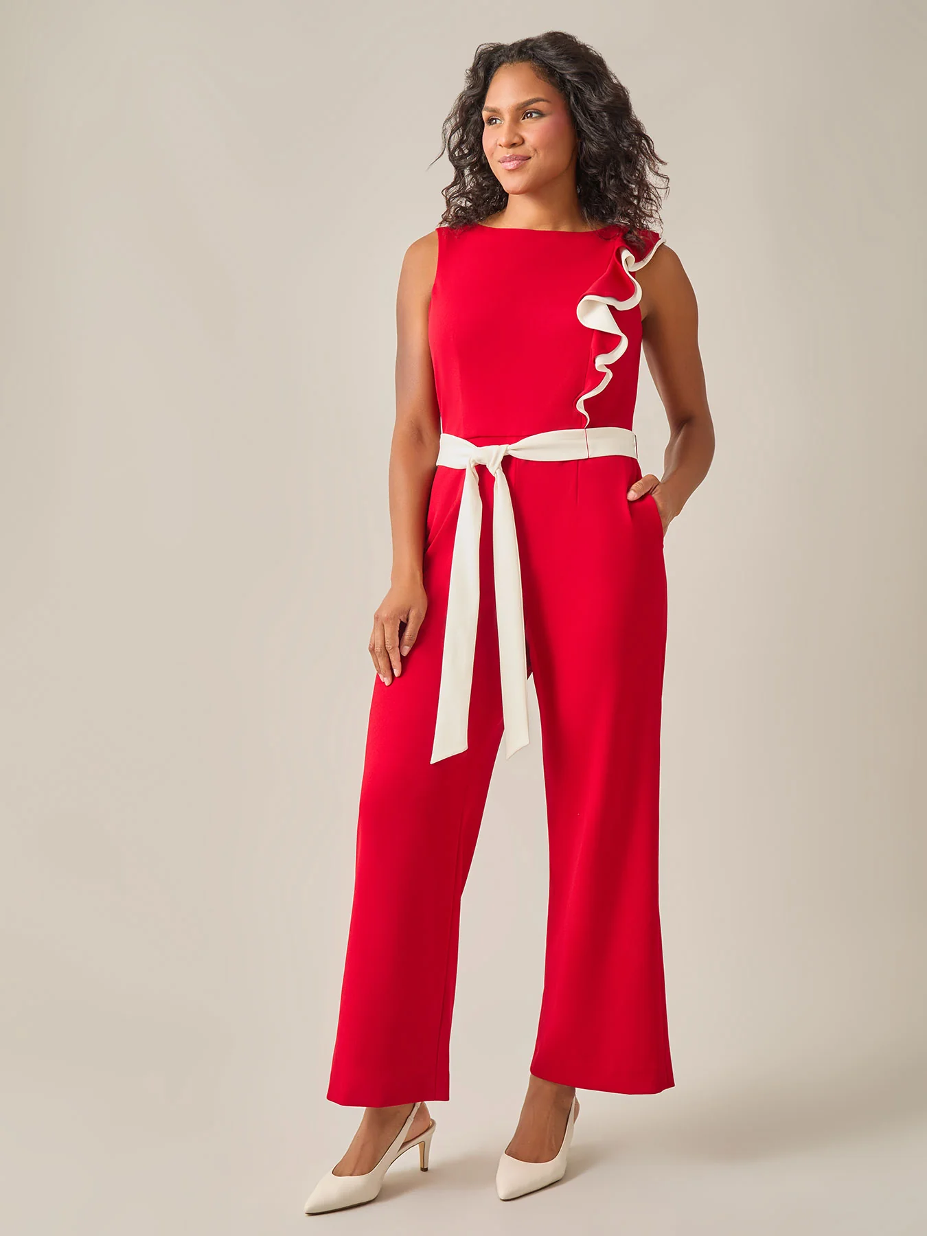 Ruffle Shoulder Jumpsuit, Crimson - Image 5