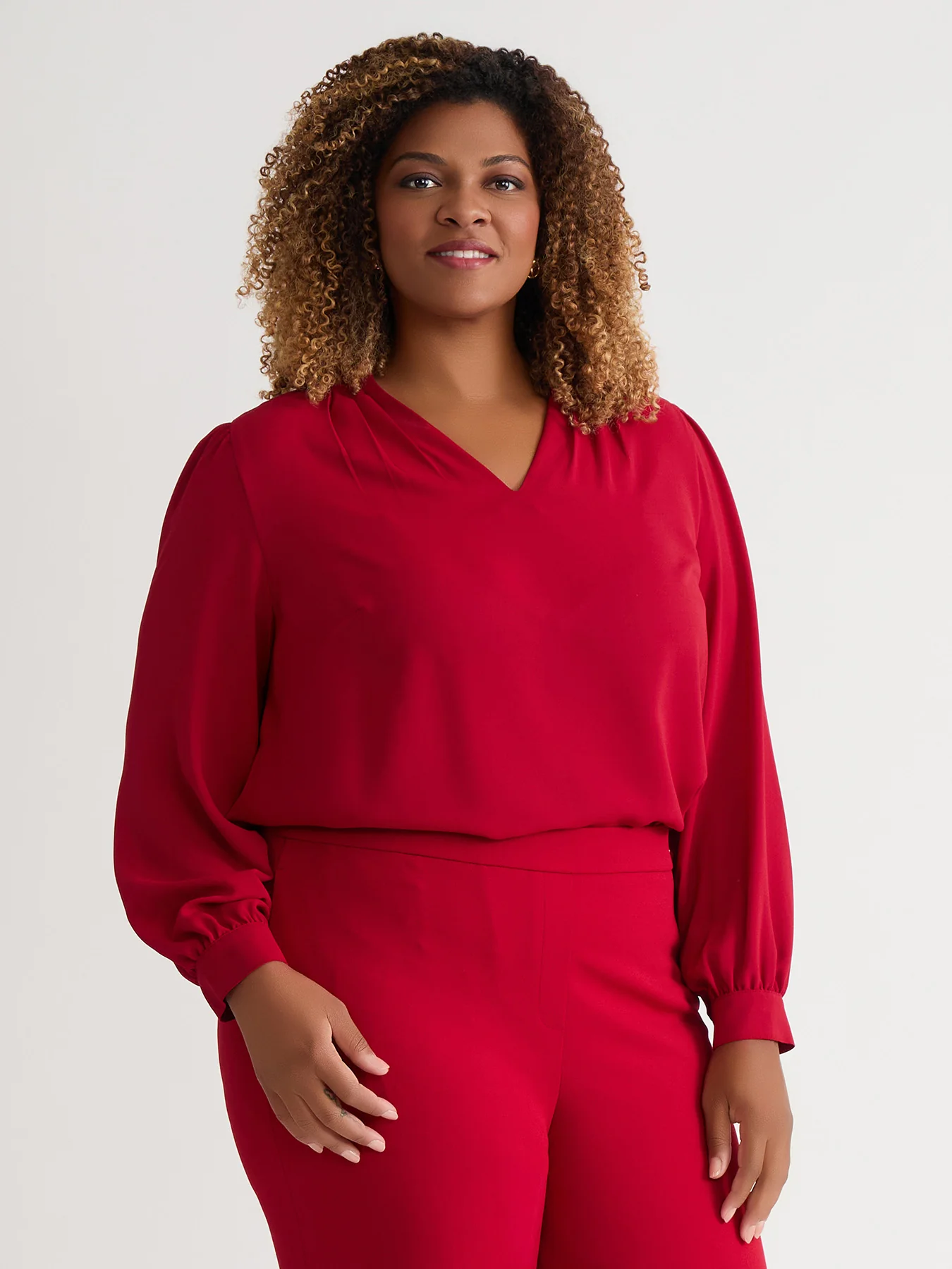 Ruffle Sleeve V-Neck Blouse, Crimson - Image 2