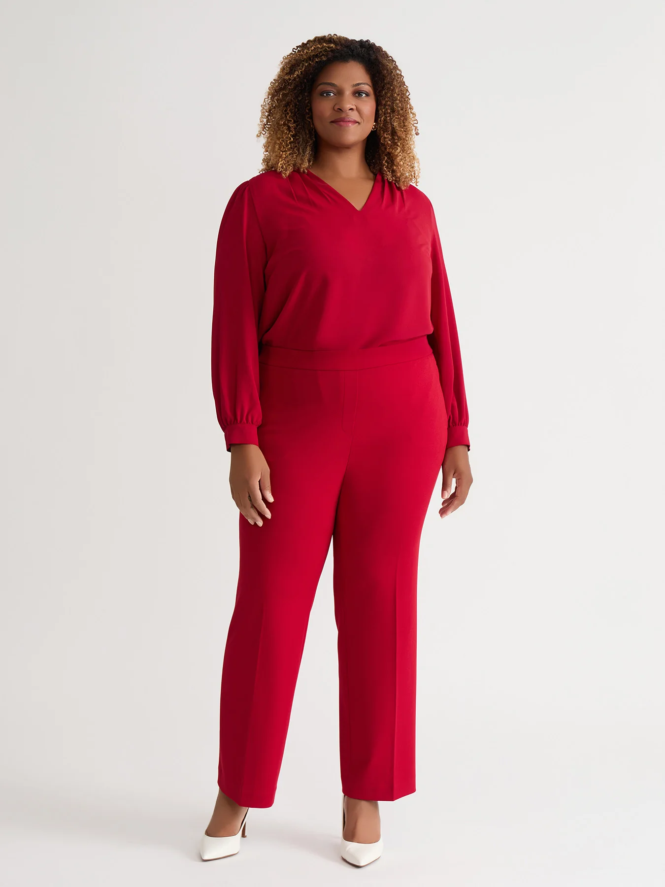 Ruffle Sleeve V-Neck Blouse, Crimson - Image 5