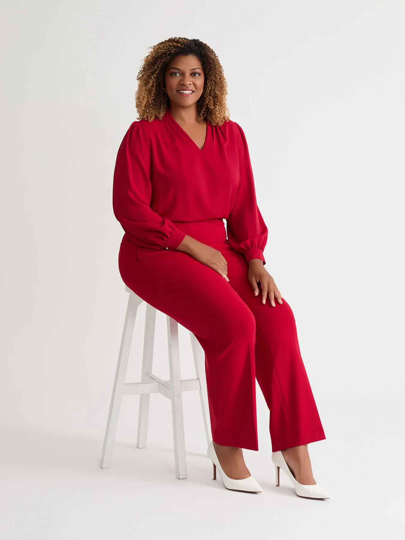 Ruffle Sleeve V-Neck Blouse, Crimson - Image 6