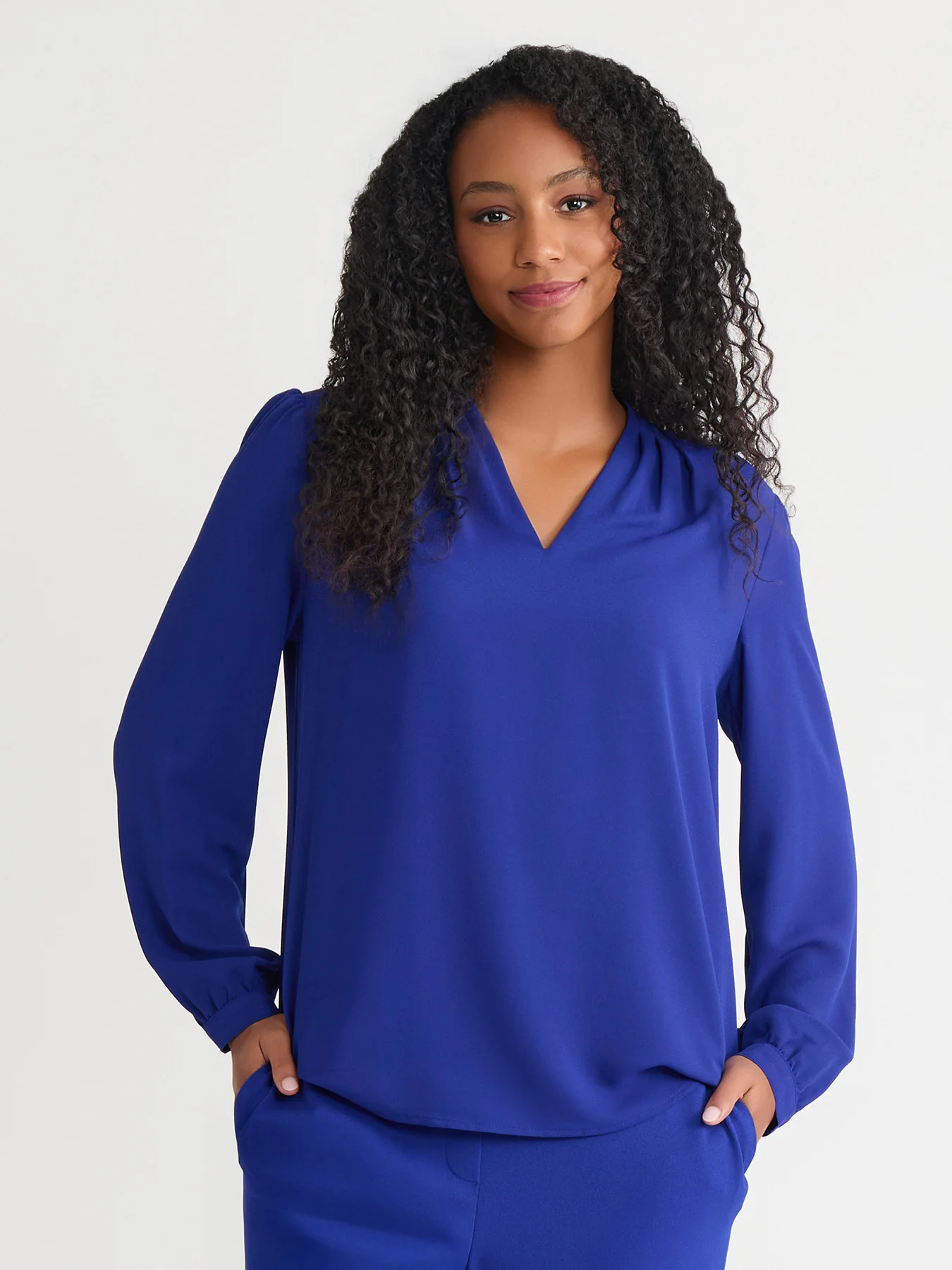 Ruffle Sleeve V-Neck Blouse, Royal Signature
