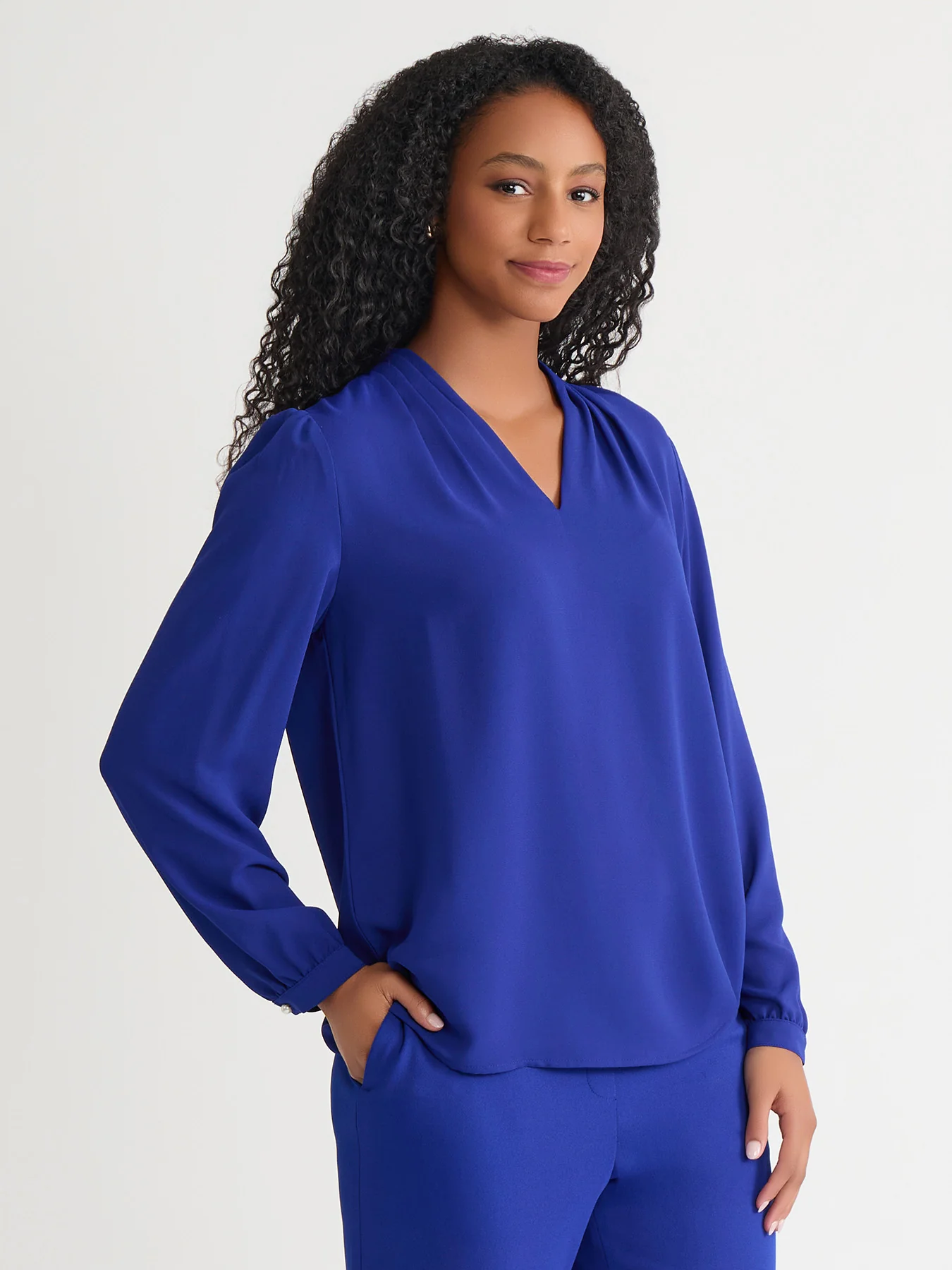 Ruffle Sleeve V-Neck Blouse, Royal Signature - Image 2