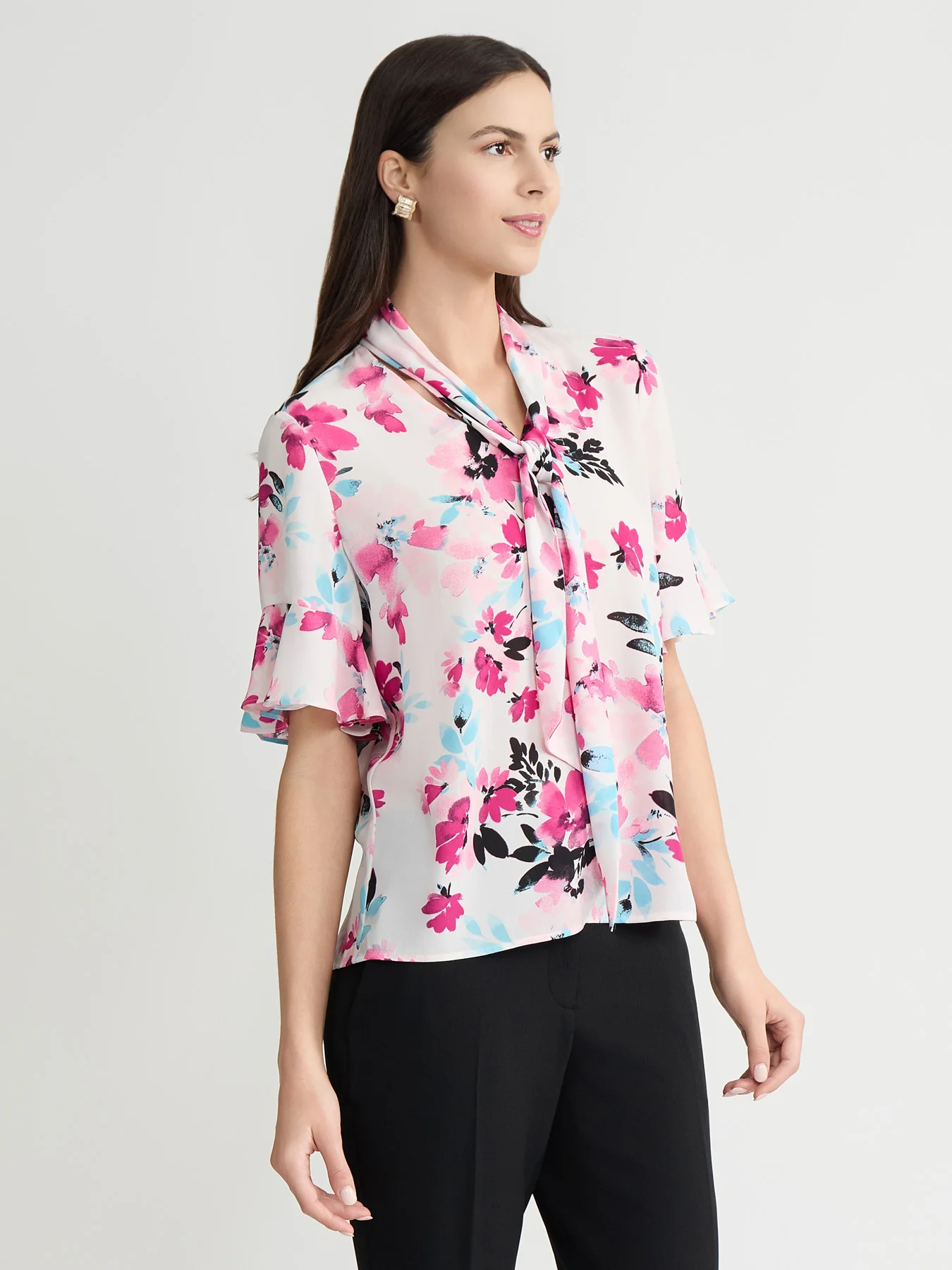 Tie Neck Flutter Sleeve Blouse - Image 3