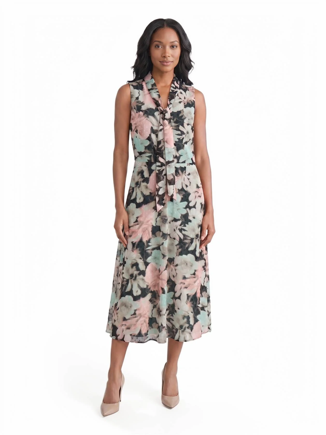 Tie Neck Printed Chiffon Dress