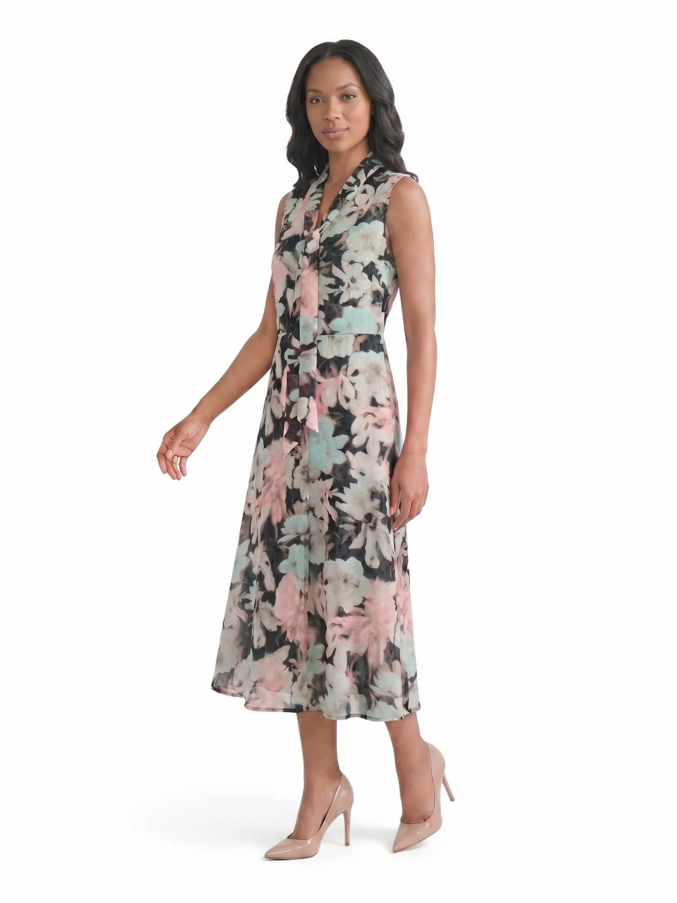 Tie Neck Printed Chiffon Dress - Image 3