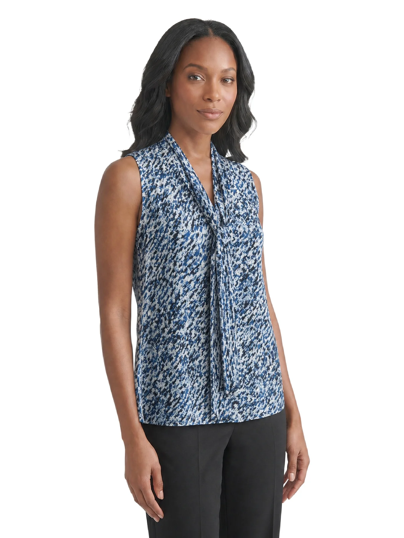 Tie Neck Sleeveless Blouse, Printed Satin - Image 3
