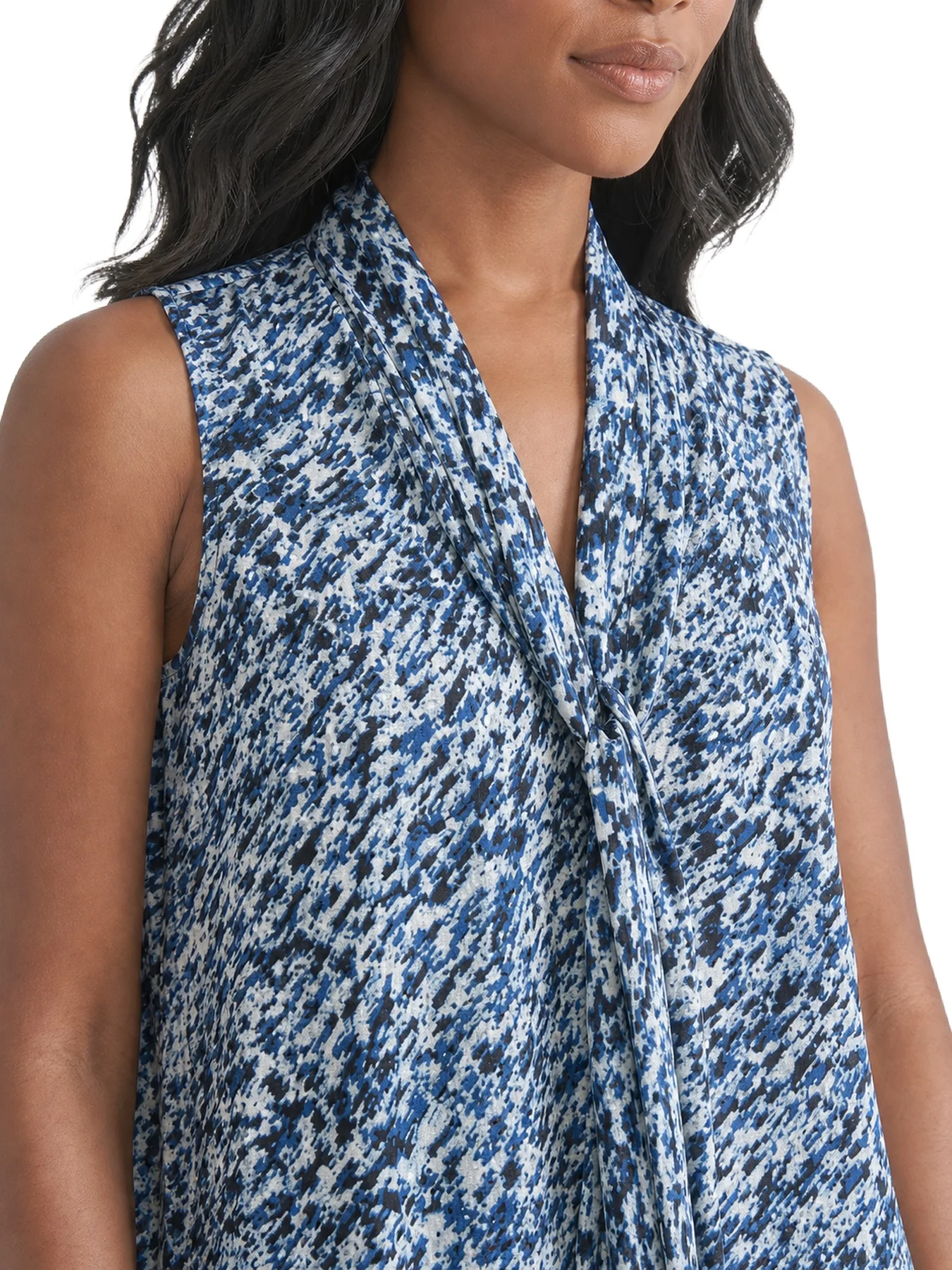 Tie Neck Sleeveless Blouse, Printed Satin - Image 4