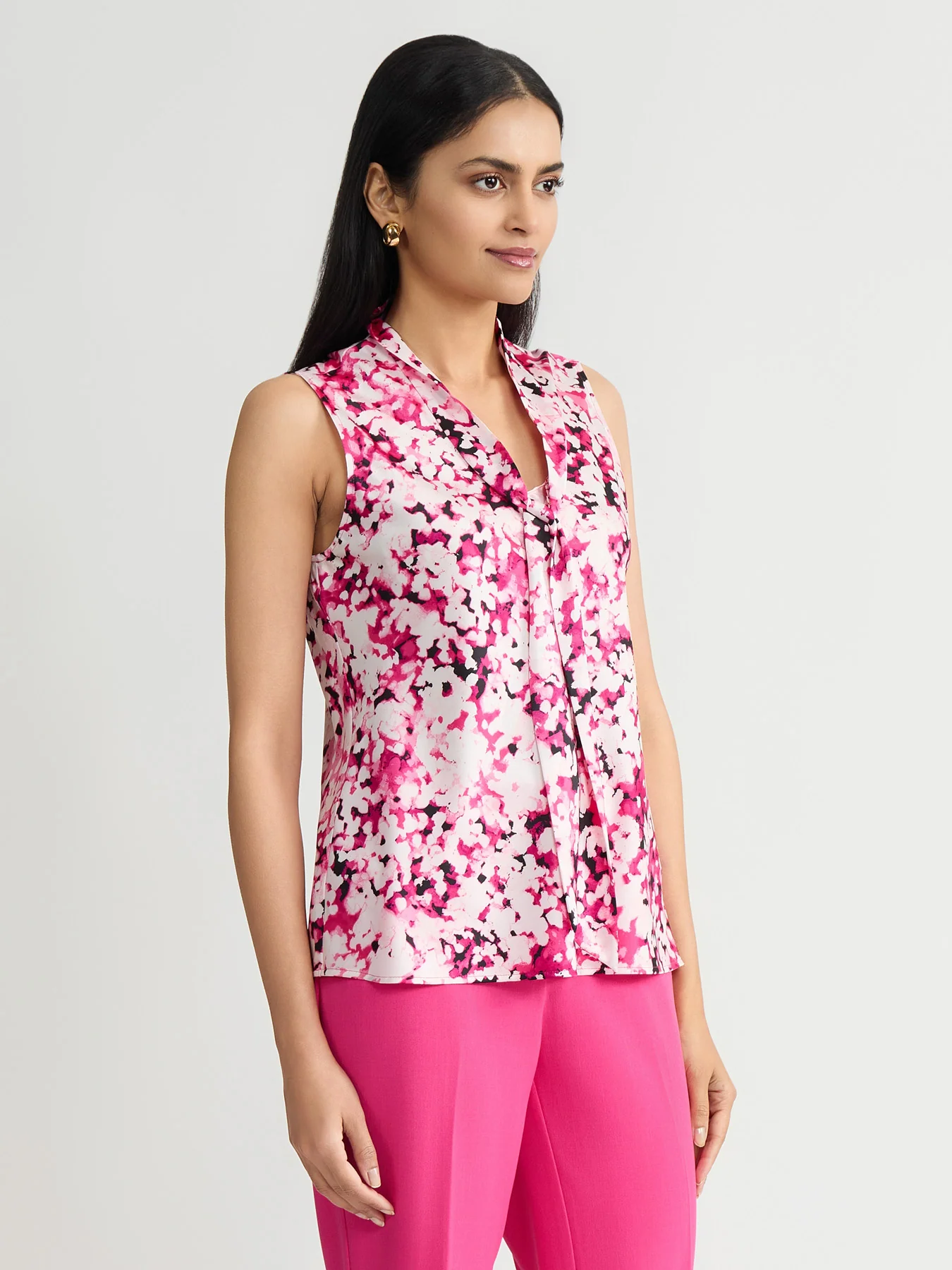Tie Neck Sleeveless Blouse, Printed Satin - Image 3