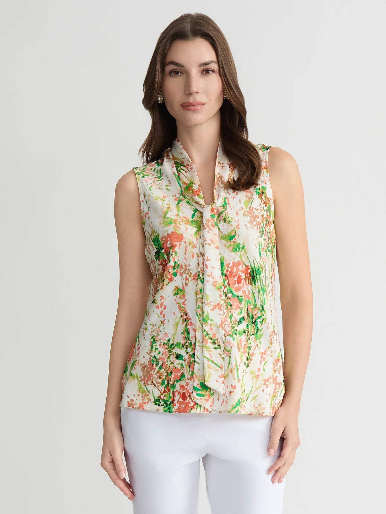 Petite Tie Neck Sleeveless Blouse, Satin