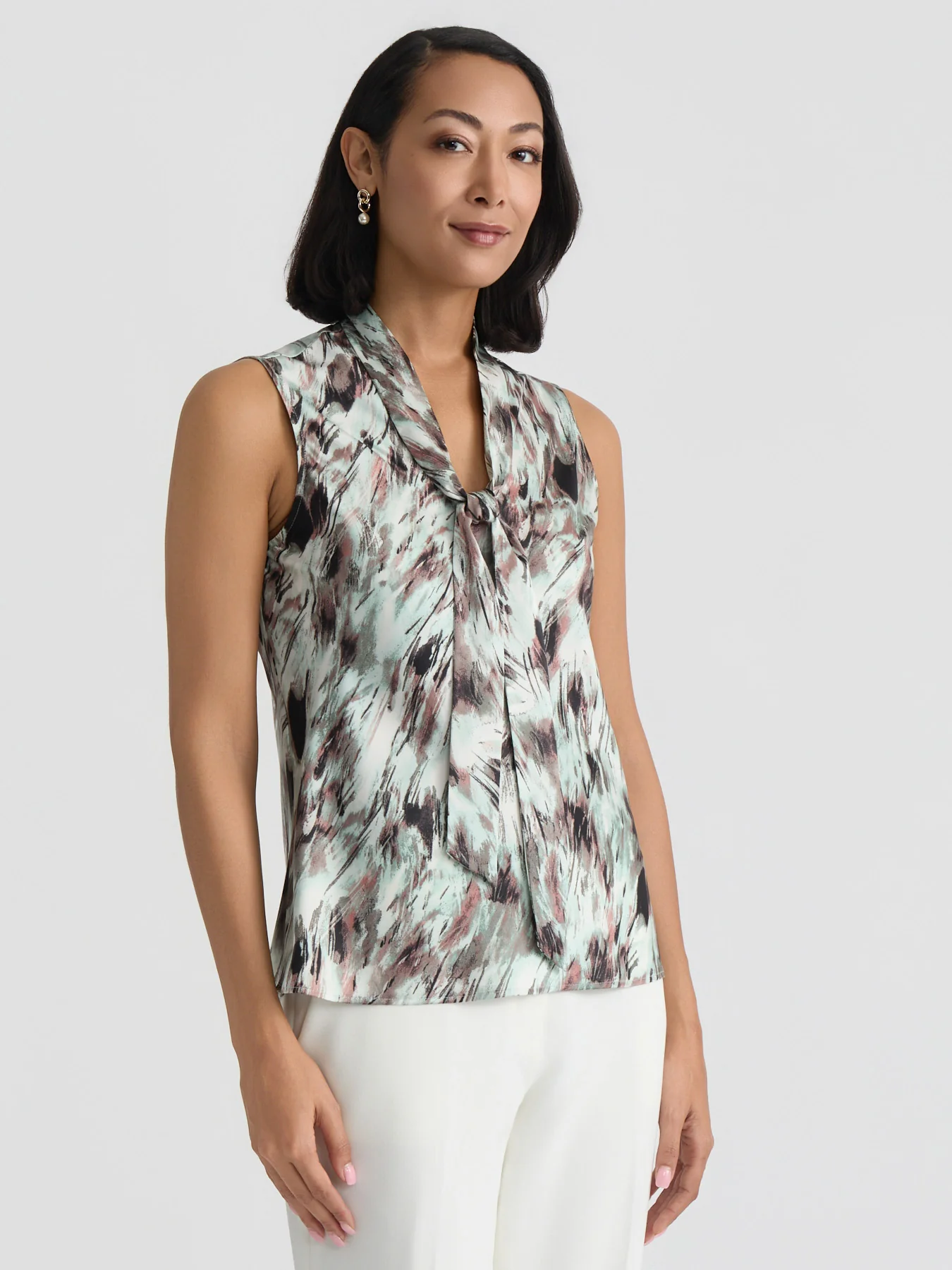 Petite Tie Neck Sleeveless Blouse, Satin - Image 3