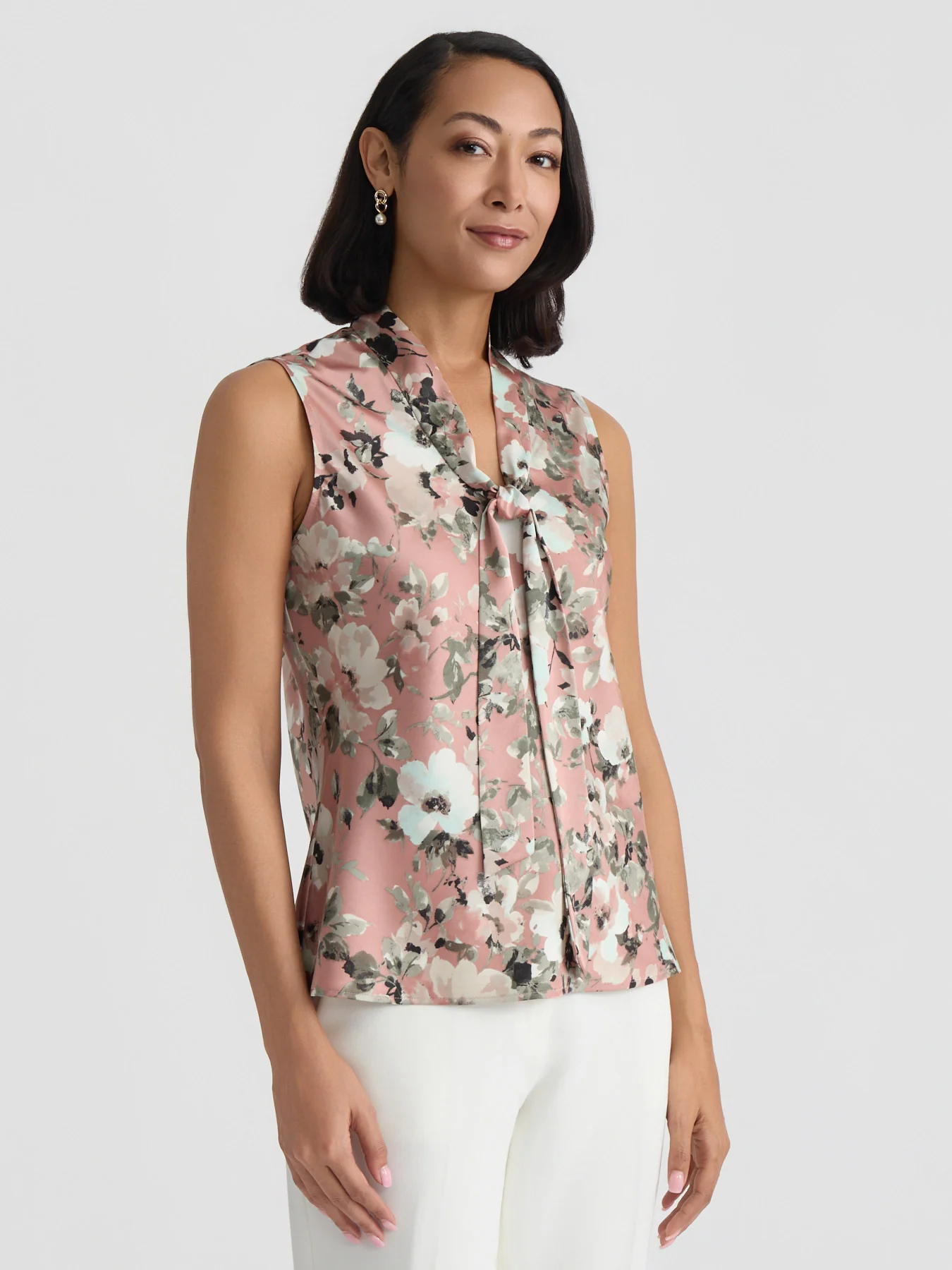 Tie Neck Sleeveless Blouse, Satin - Image 3