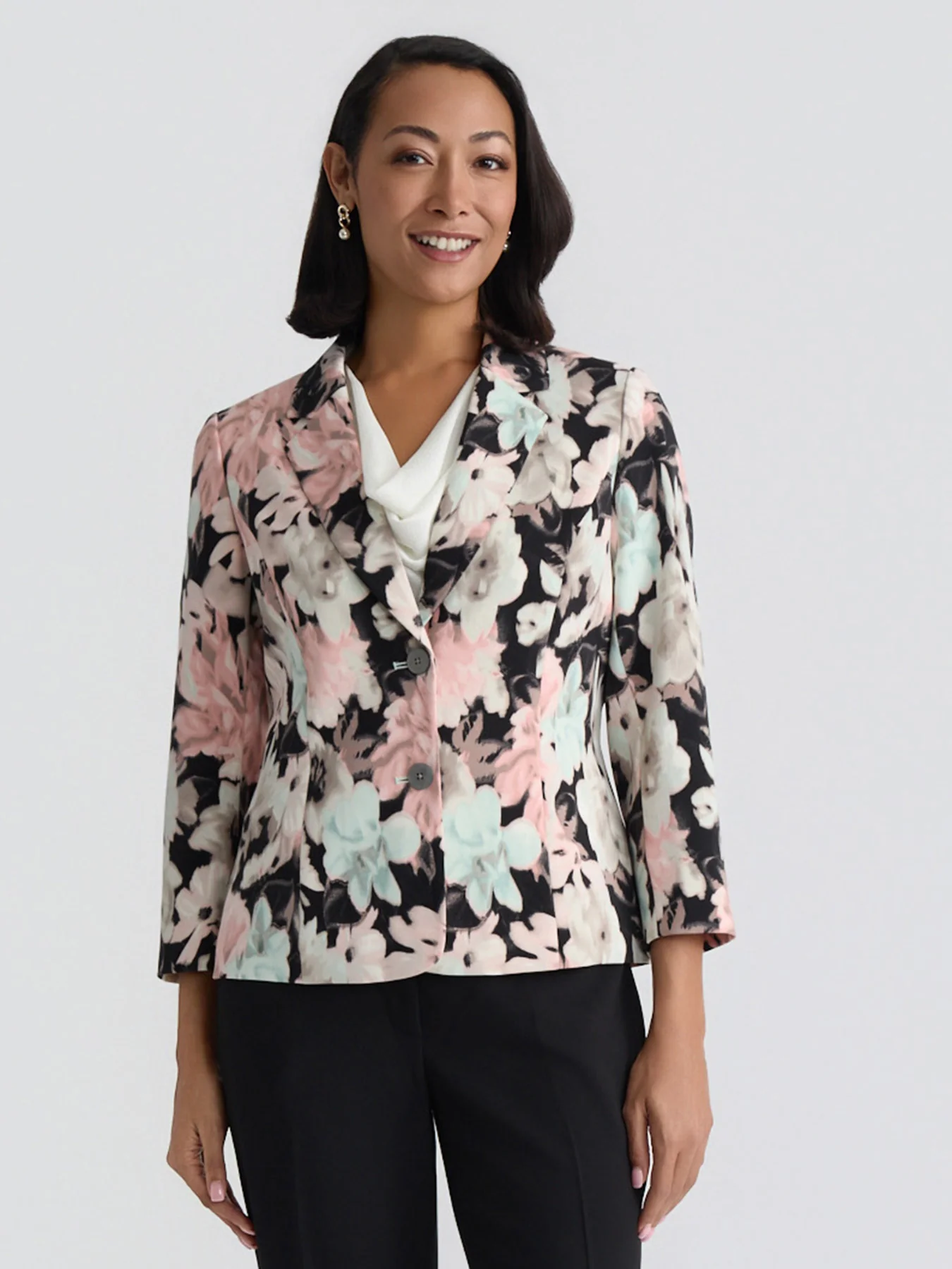 Plus Two Button Blazer, Floral Printed Scuba