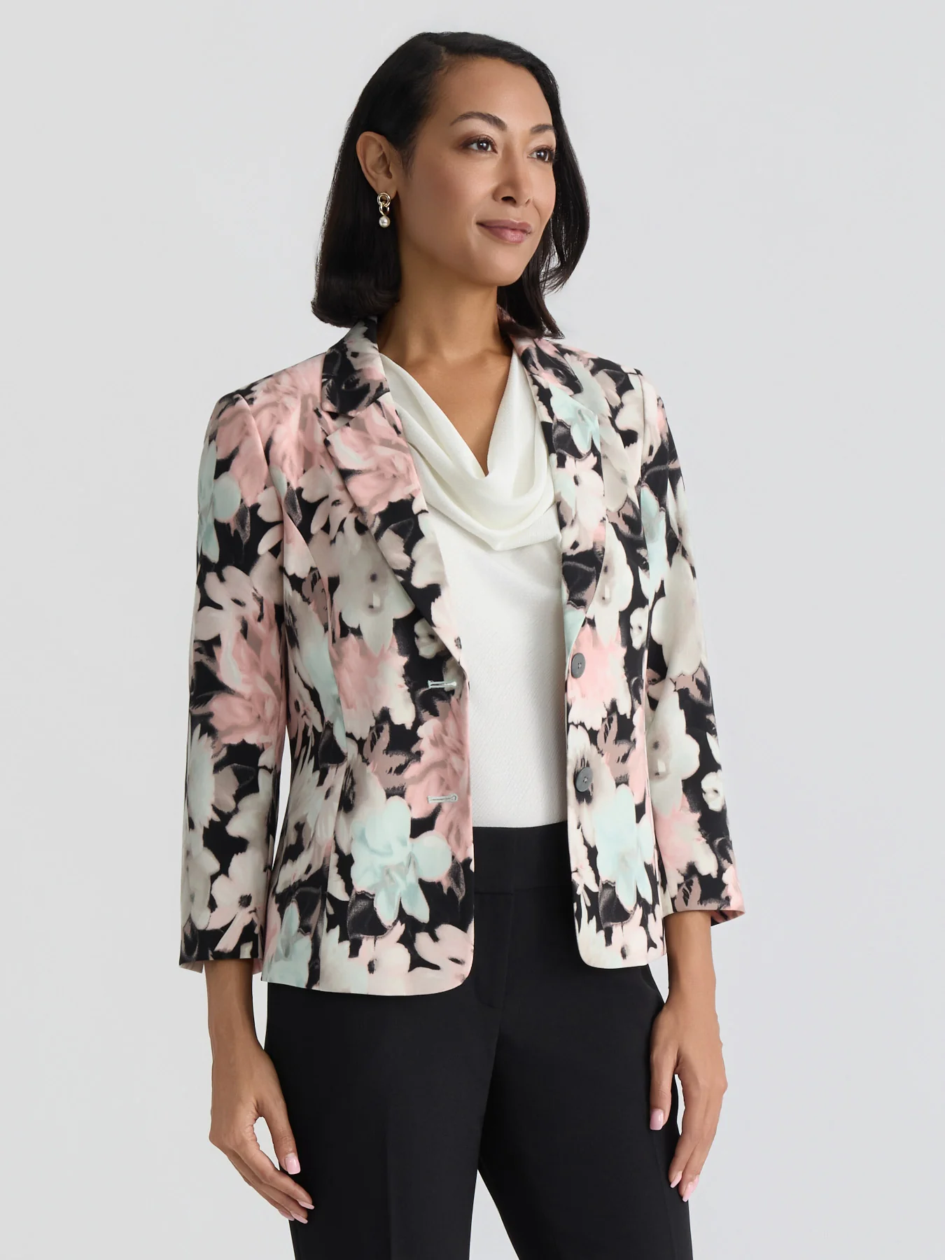 Plus Two Button Blazer, Floral Printed Scuba - Image 2