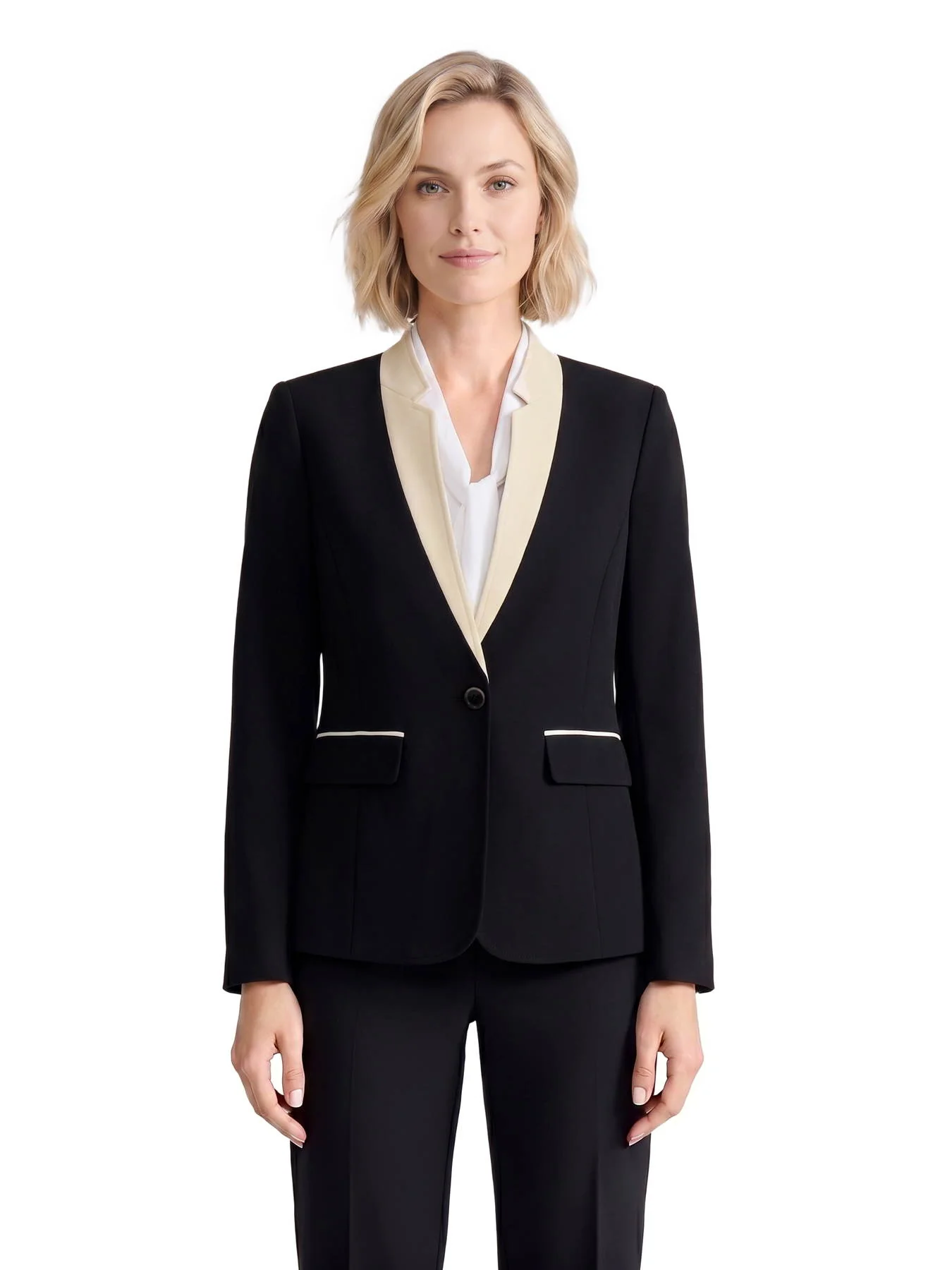 Two Tone One Button Jacket, Stretch Crepe