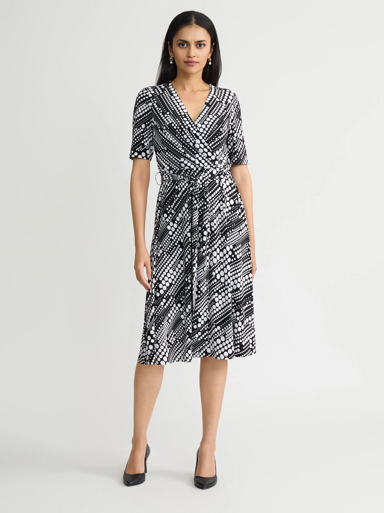 V-Neck Tie Waist Flare Dress, Everyday Knit