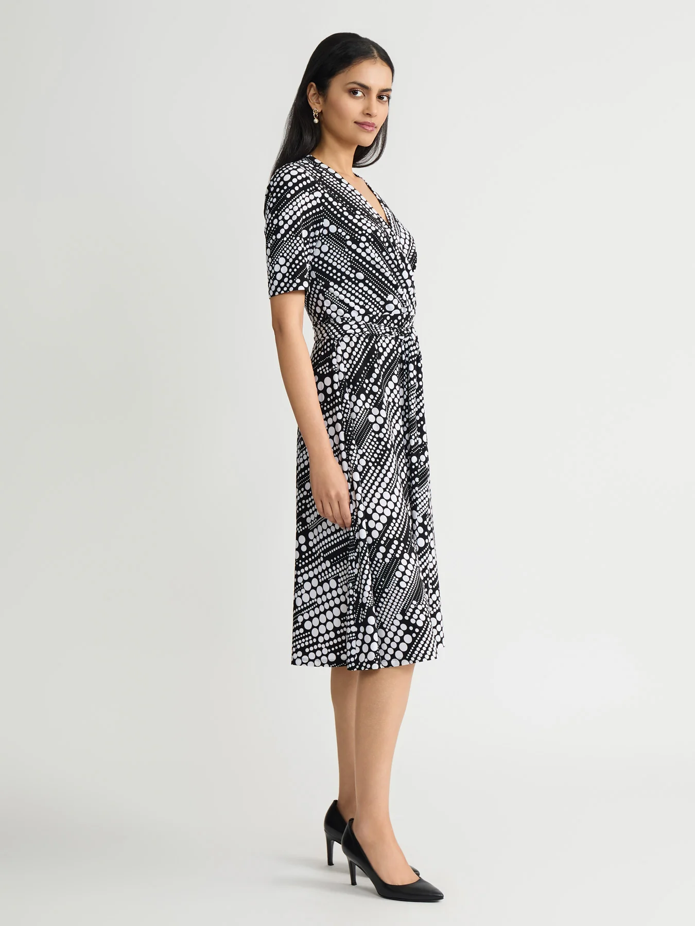 V-Neck Tie Waist Flare Dress, Everyday Knit - Image 3